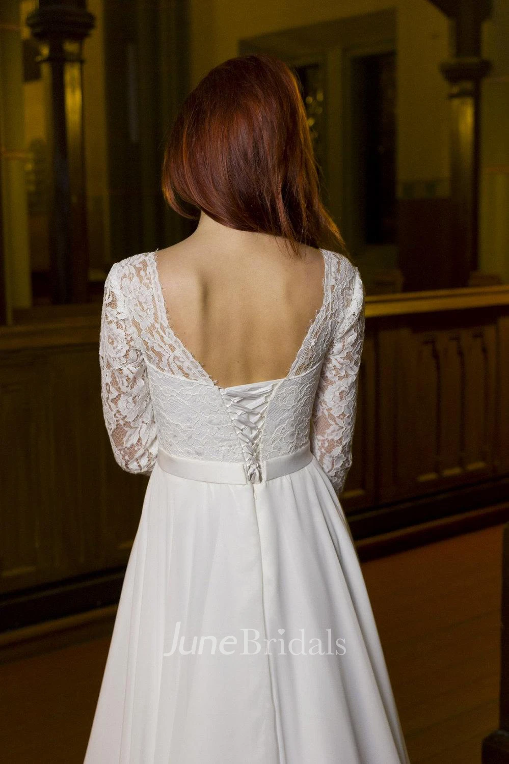 Bateau Neck Long Sleeve Chiffon Wedding Dress With V-Back Cutout