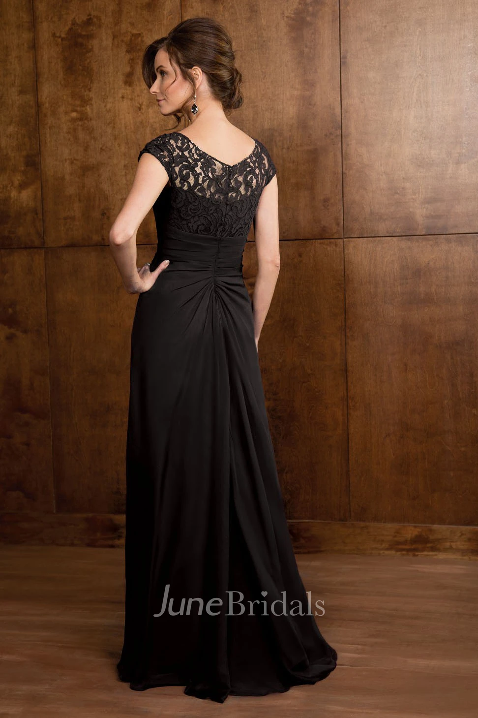 Elegant Formal Ruffled A-Line Gown with Lace Bodice Cap-Sleeve MOB Dress