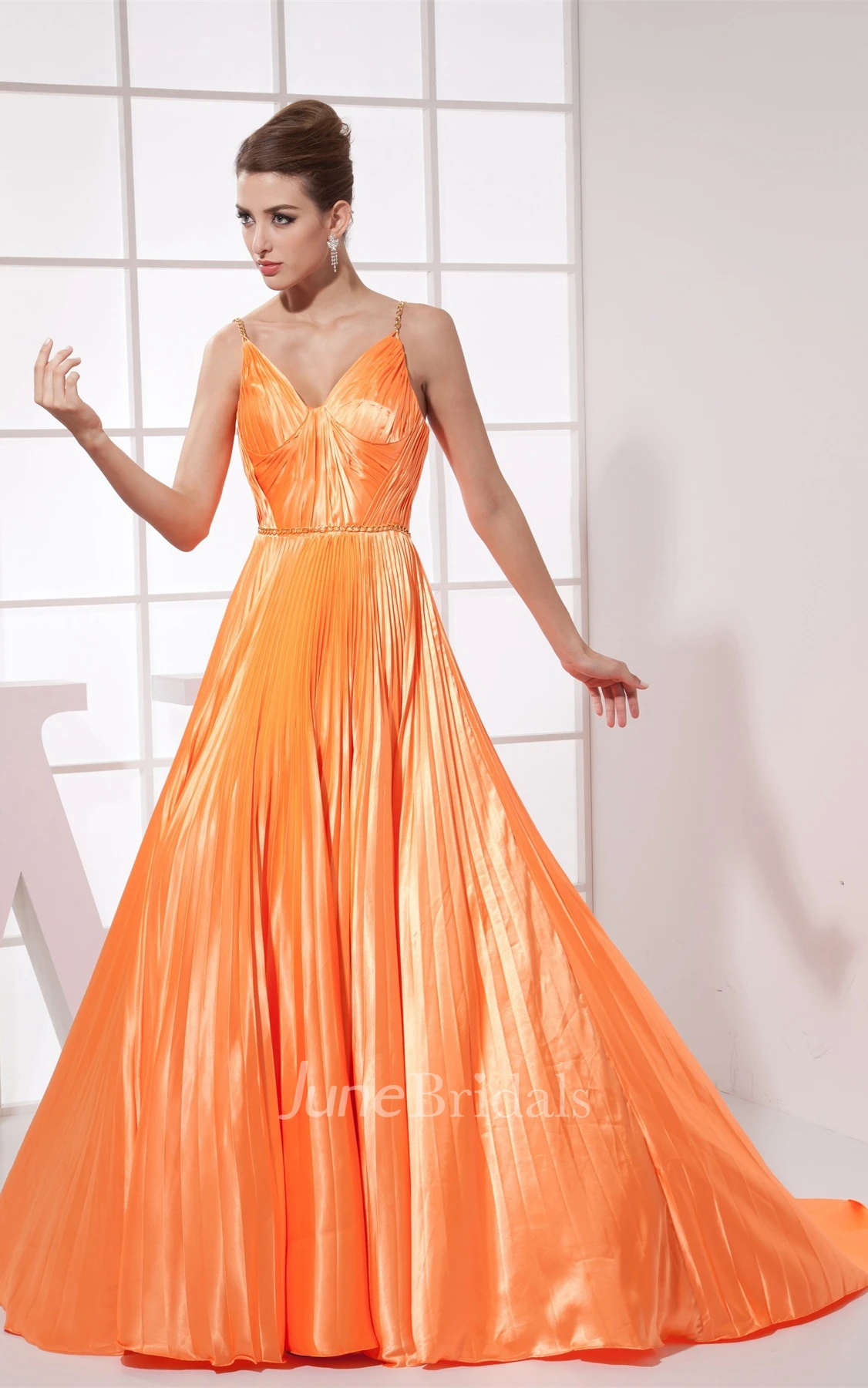 Plunged A-Line Pleated Gown with Spaghetti-Straps