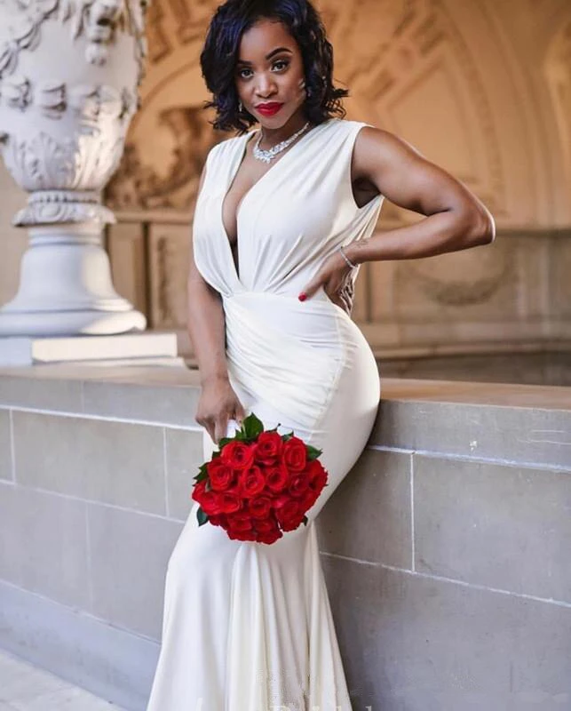 Sexy Glamorous Plus Size Trumpet Deep-V Back Dress with Pleats