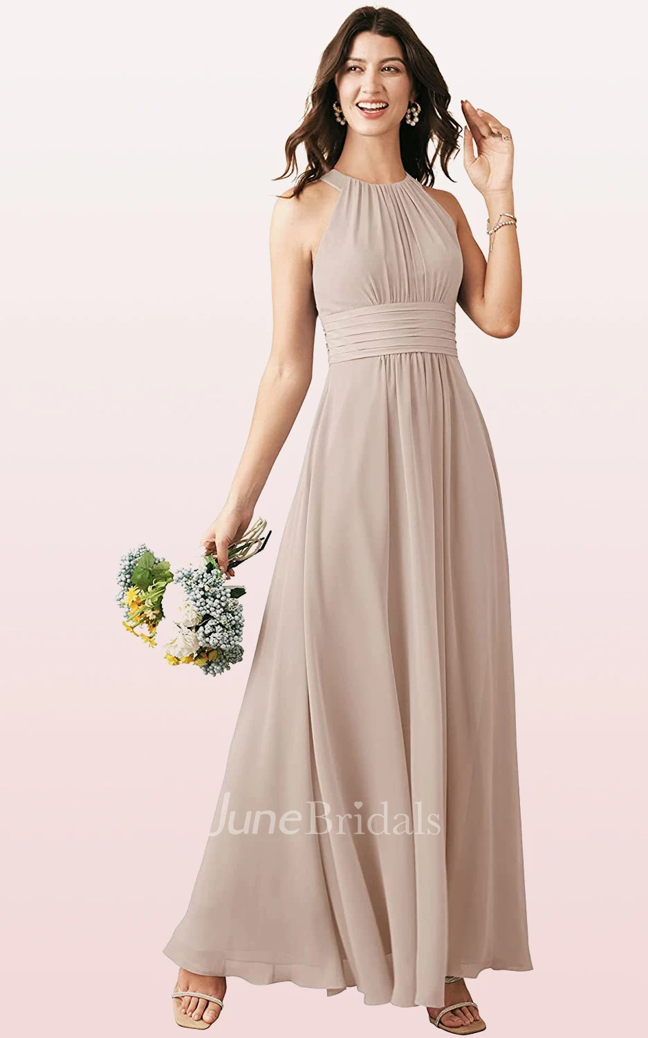 Ethereal A Line Halter Chiffon Sleeveless Bridesmaid Dress