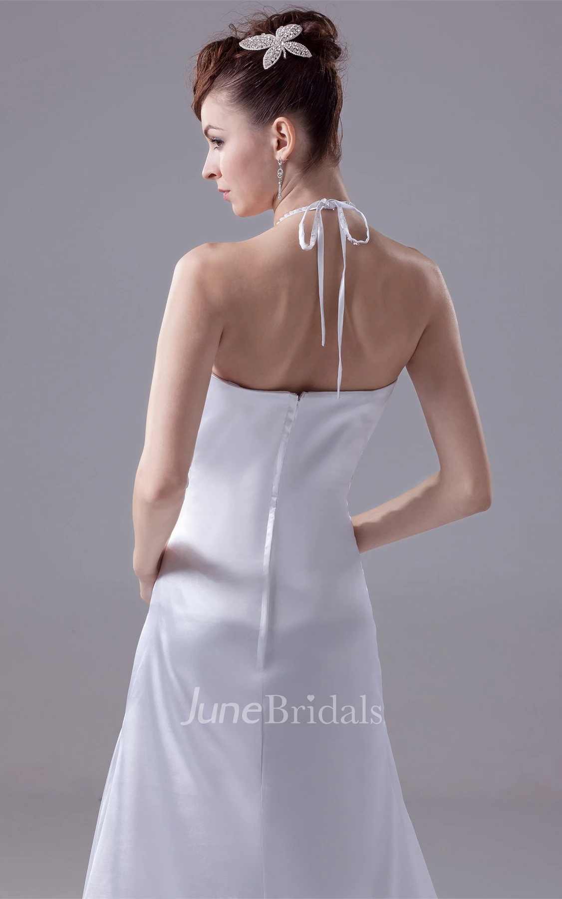 High-Neck Illusion Sweetheart A-Line Satin Gown with Court Train