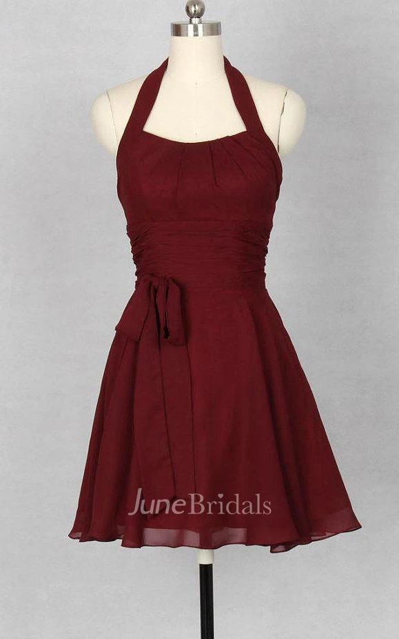 Wine Red Halter Chiffon Bridesmaid Dress