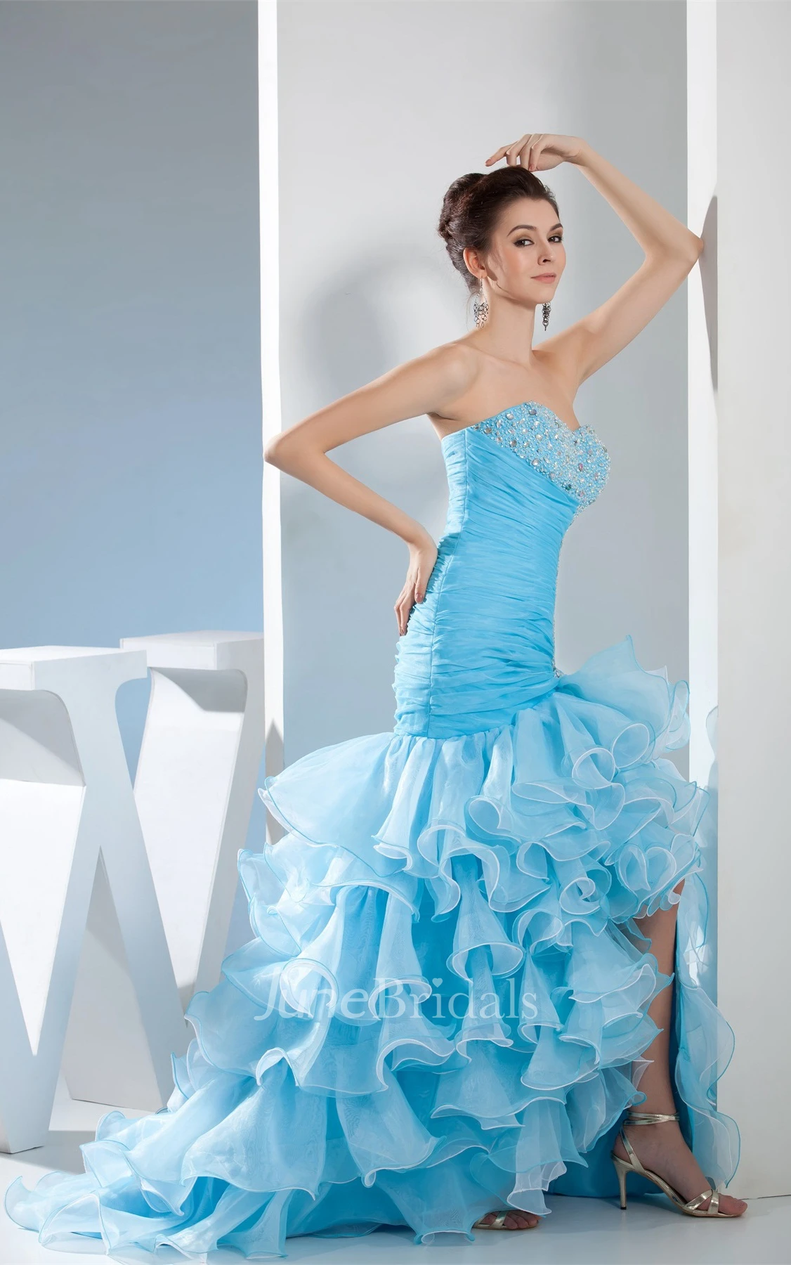 Sweetheart Mermaid Ruched Gown with Tiered Ruffle and Crystal Detailing