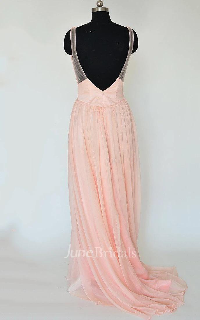 A-line V-neck Sweep Train Chiffon Dress
