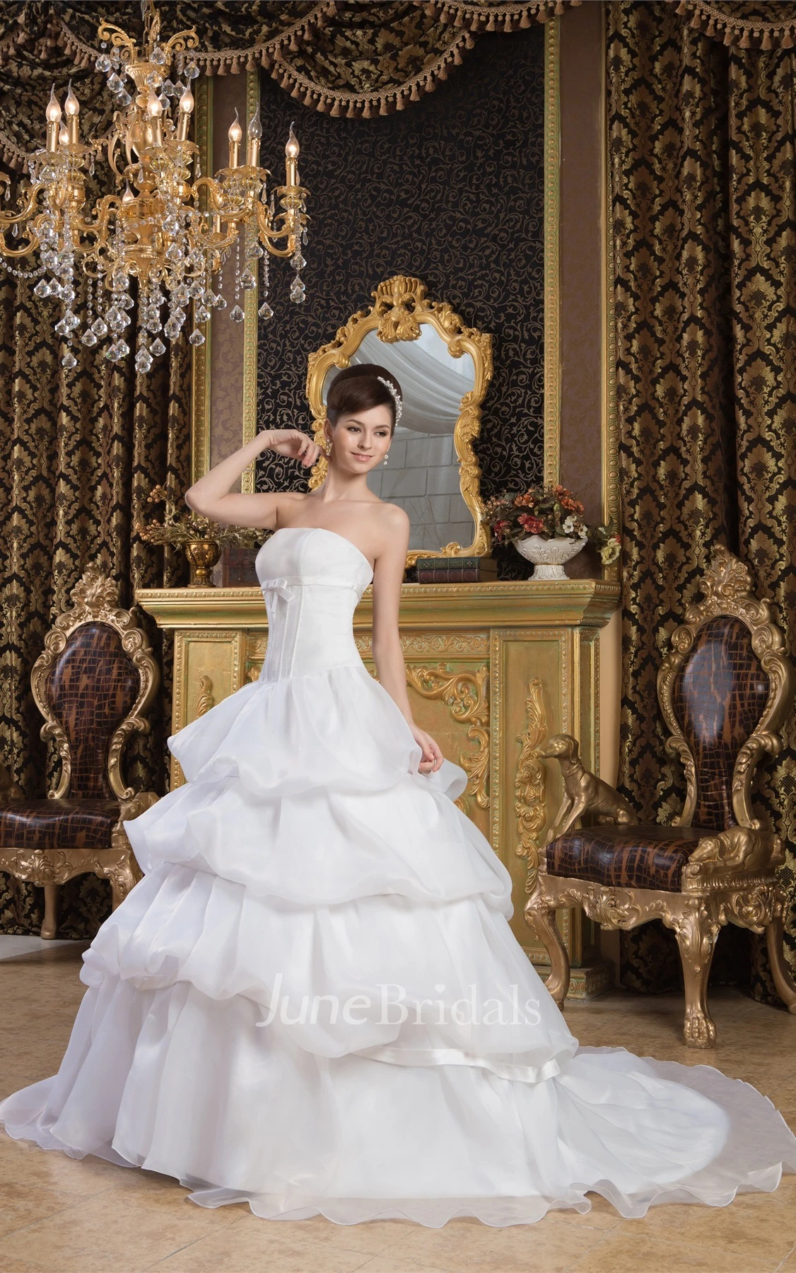 Strapless A-Line Tiered Dress with Bow and Pick-Up Design