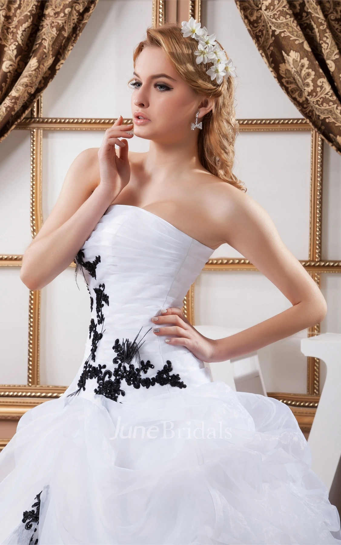 Strapless Ruffled Ball Gown with Appliques and Pleats
