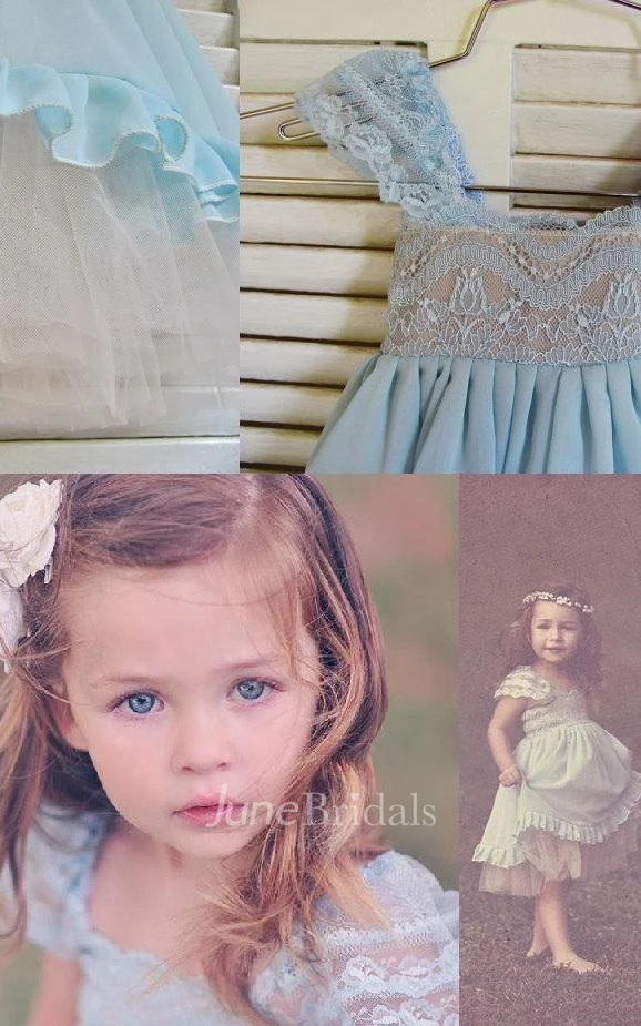 Chiffon&Tulle&Lace Dress With Flower and Cap Sleeve