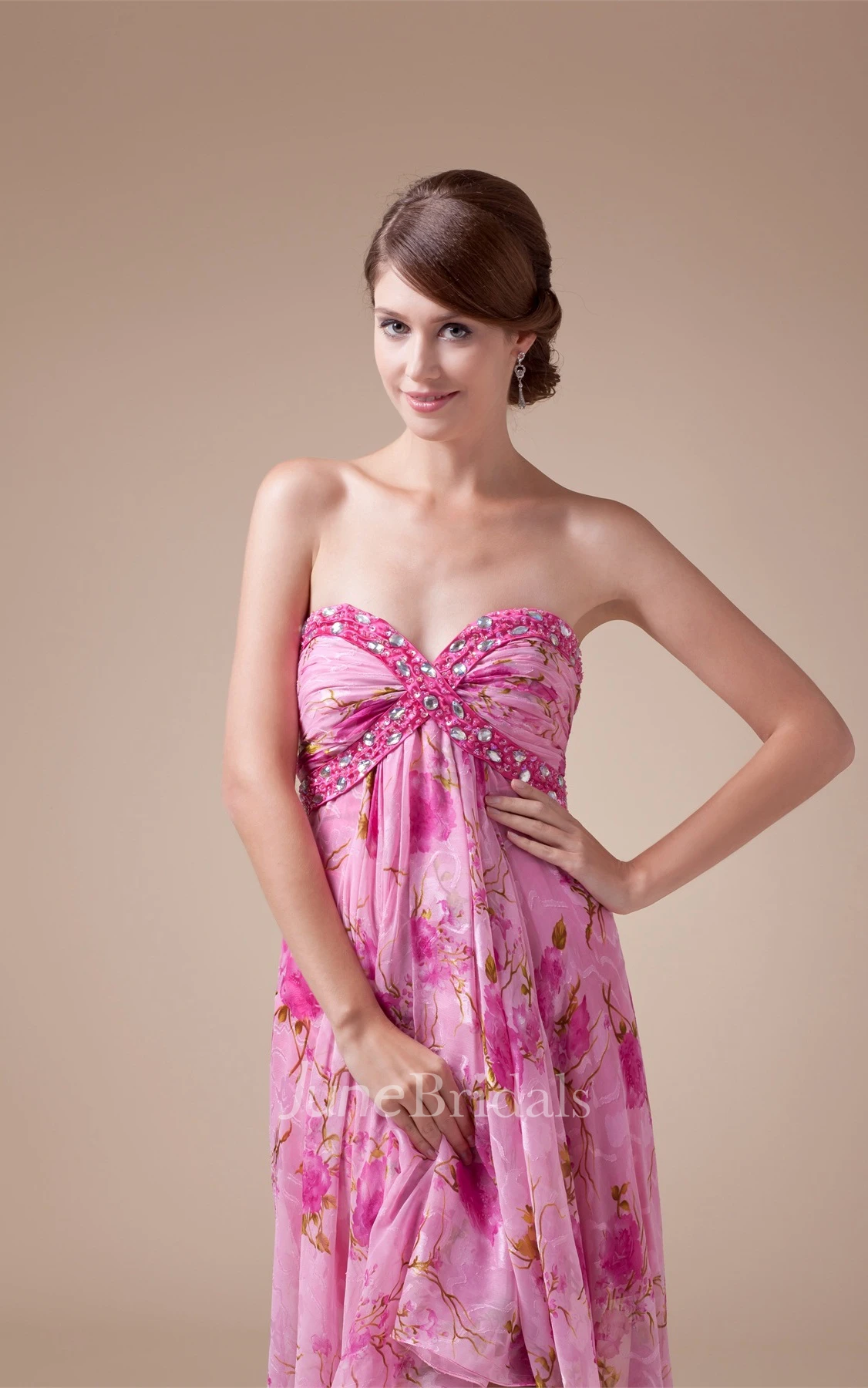 Sweetheart Criss-Cross High-Low Empire Dress with Jewel and Floral Print