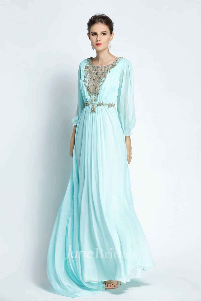 A-Line Bateau Puff Balloon Long Sleeve Floor-length Chiffon Prom Dress with Beading and Deep-V Back 