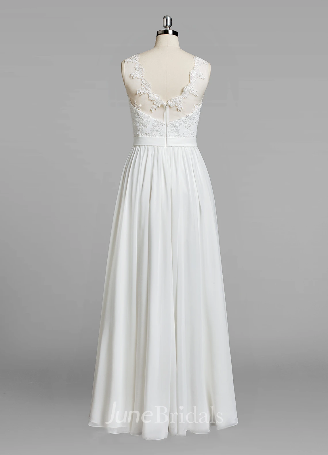 Jewel Neck Sleeveless A-Line Chiffon Skirt Lace Bodice Wedding Dress