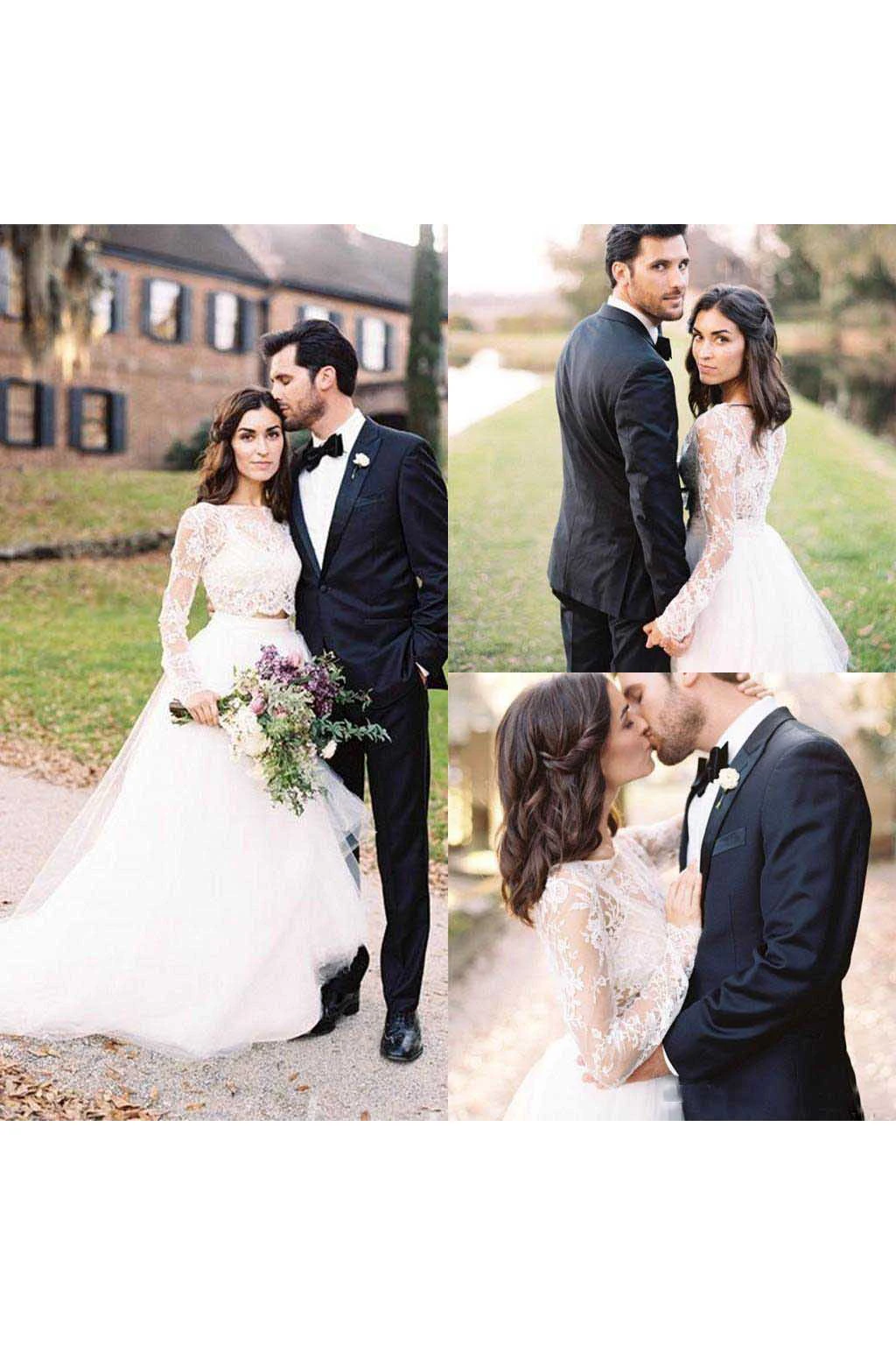 Two Pieces Long Sleeves Lace Bohemian Modest Wedding Dress