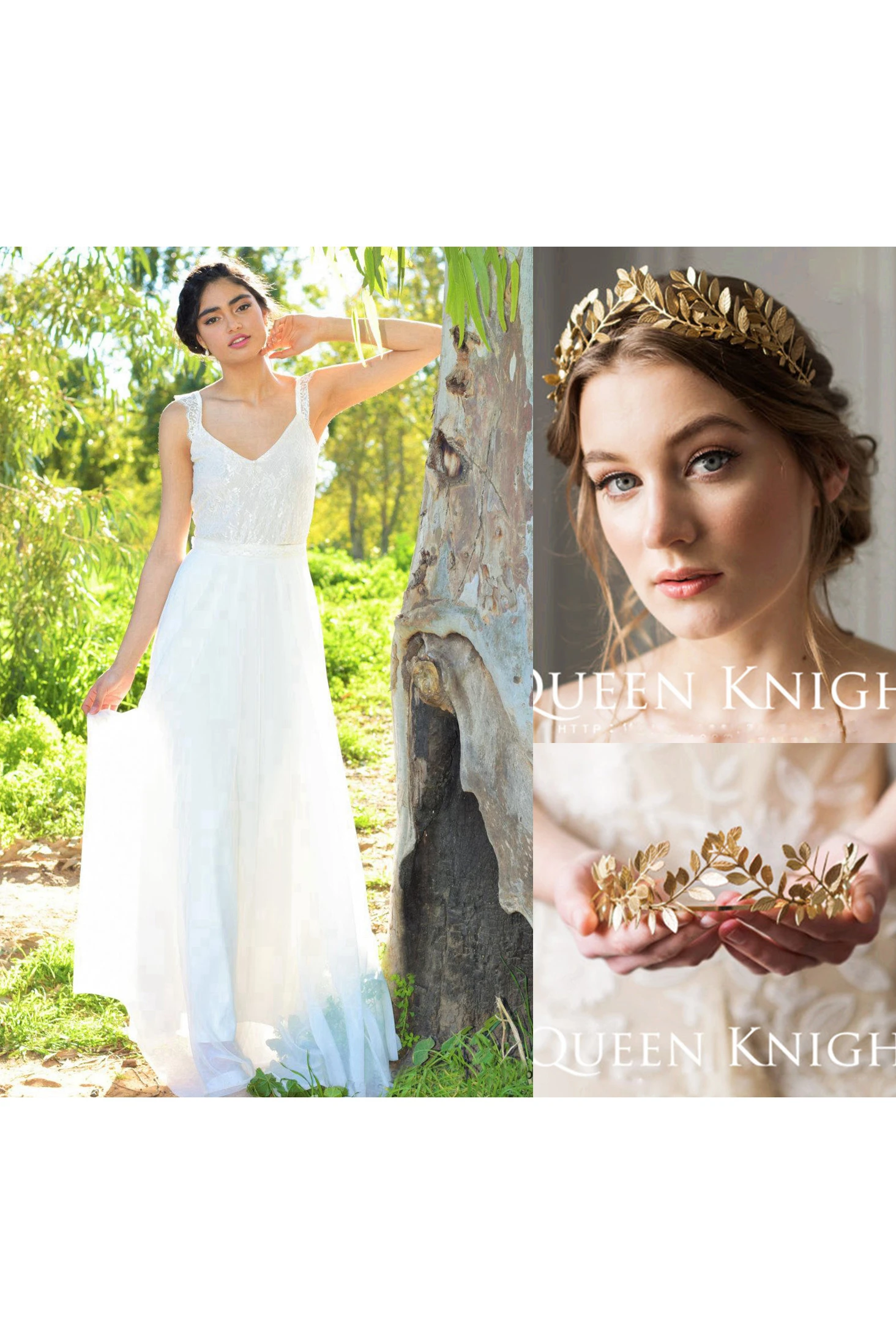 V-Neck Sleeveless Chiffon Wedding Dress and Handmade Laurel Olive Gold Hair Hoop Crown