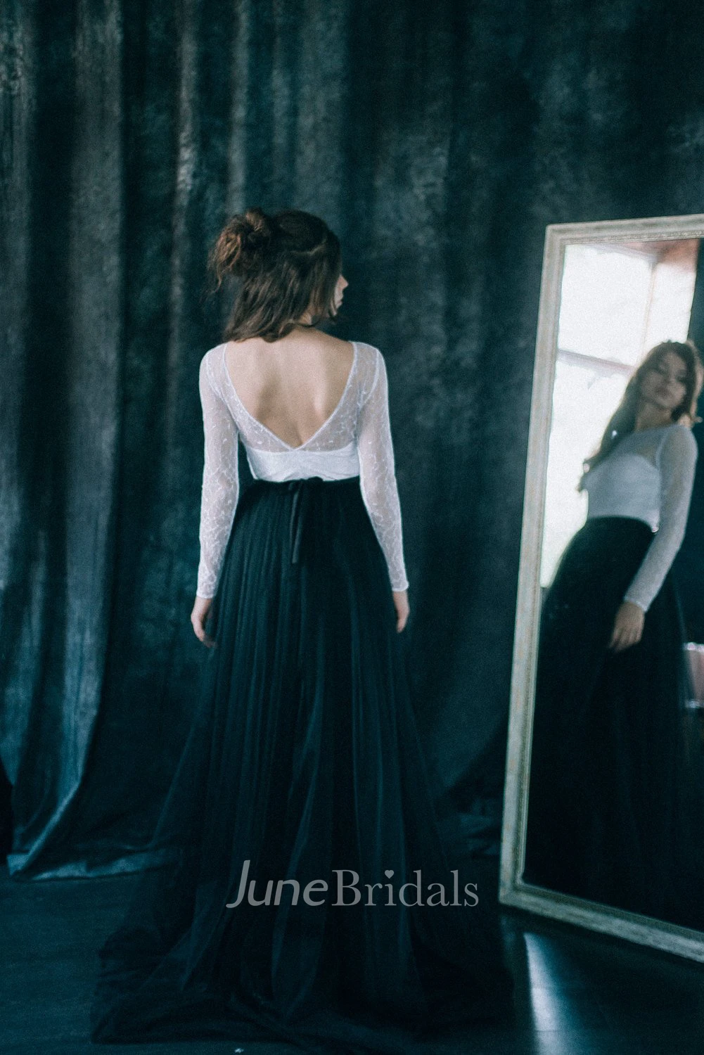 Sheath Bateau Floor-length Weding Dress Long Sleeve Deep-V Back With Pleats Black Wedding Dress