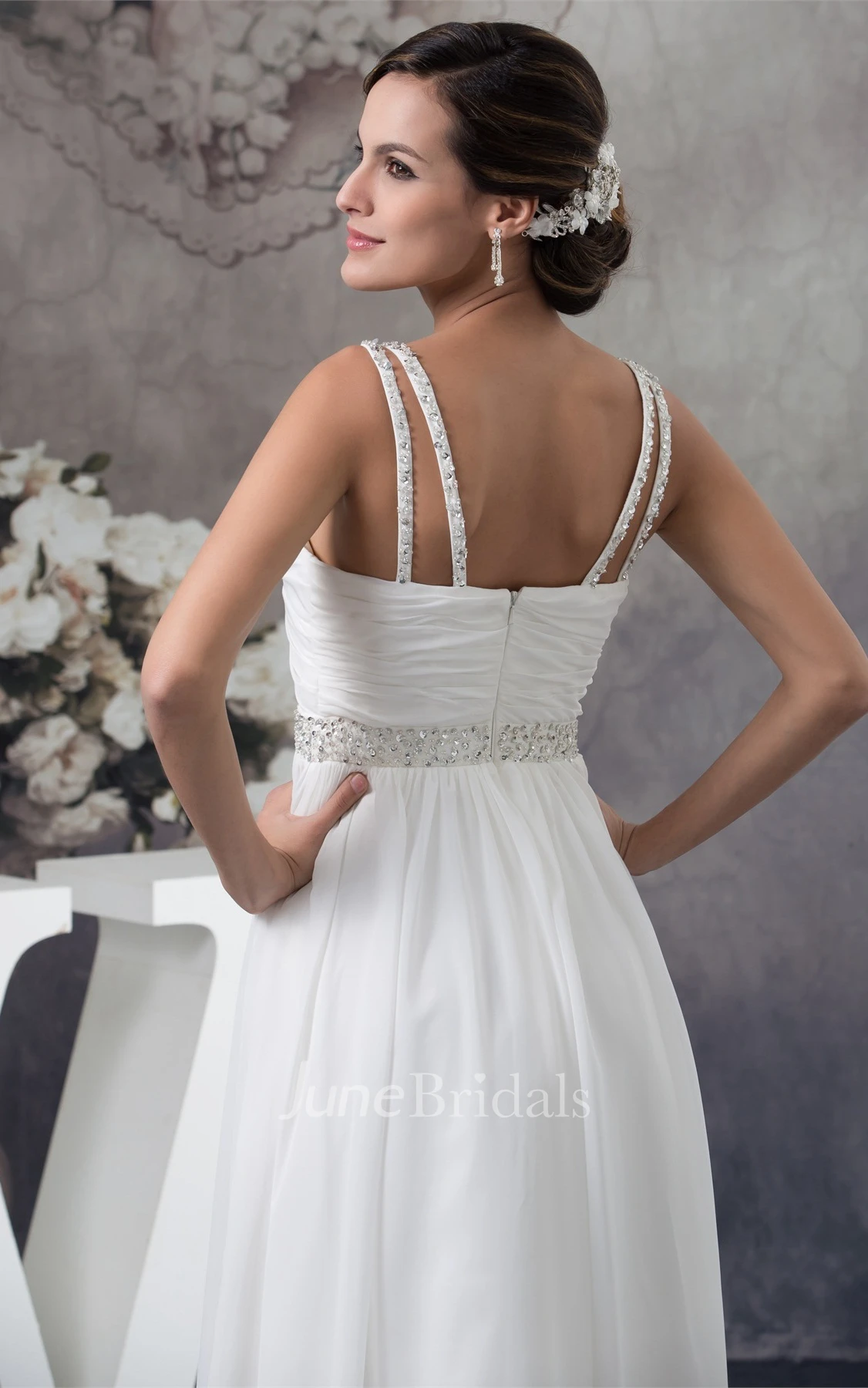Flowered Sleeveless Ruched Floor-Length Chiffon Gown with Crystal Detailing