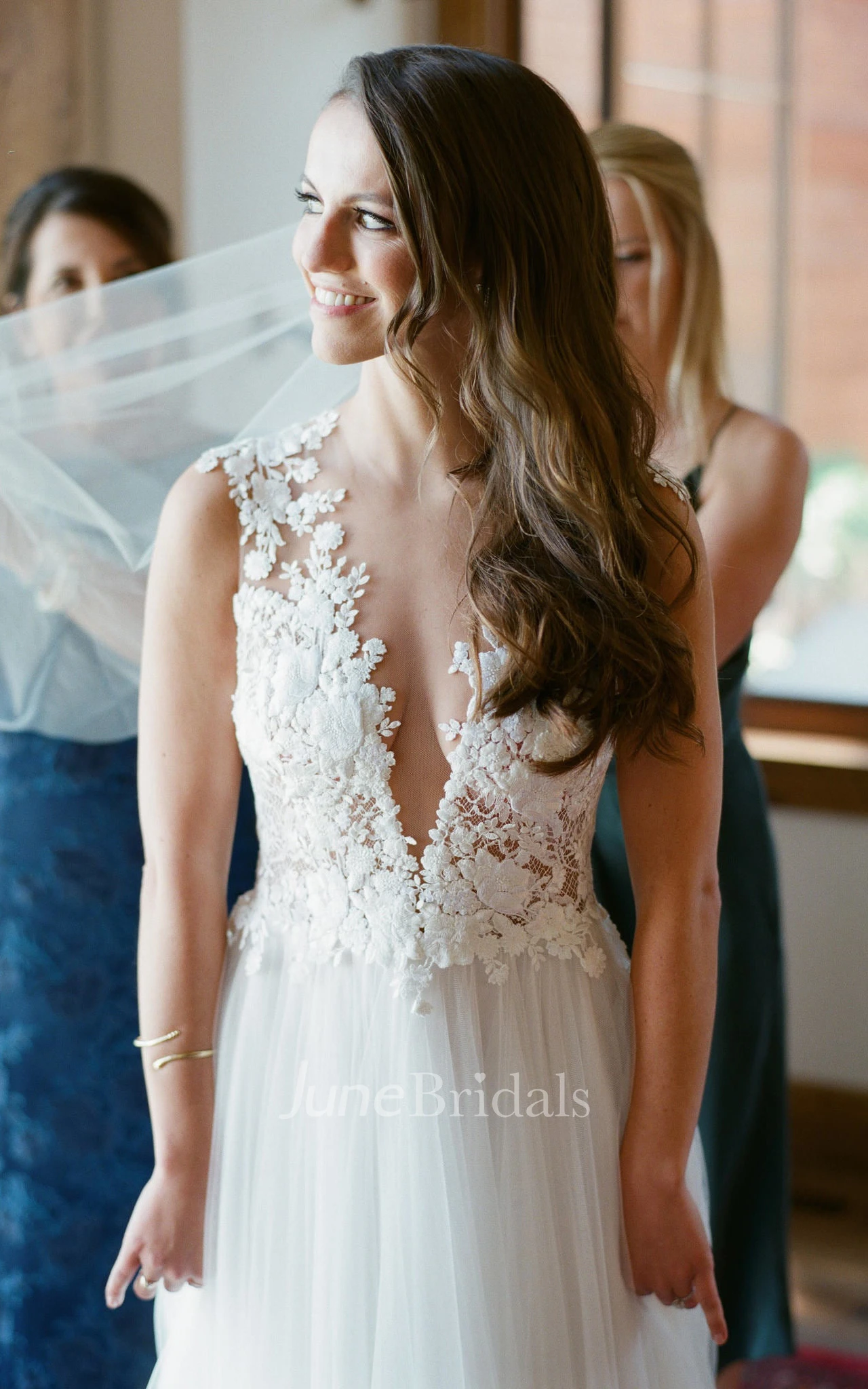 Bohemian A-Line V-neck Lace Tulle Warm Wedding Dress With Illusion Back And Appliques