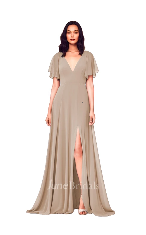 Modest A-Line V-neck Chiffon Bridesmaid Dress with Split Front