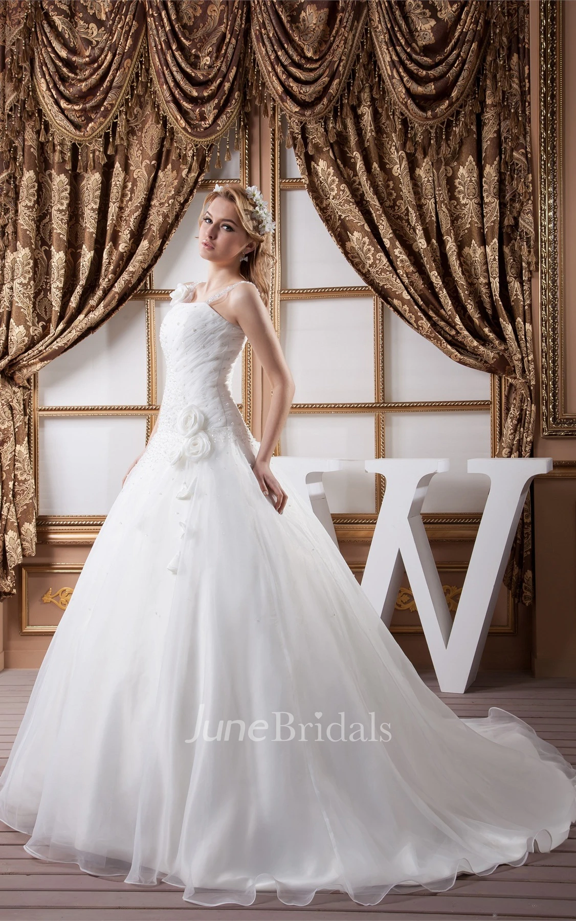 Sleeveless Tulle A-Line Gown with Flower and Gemmed Top