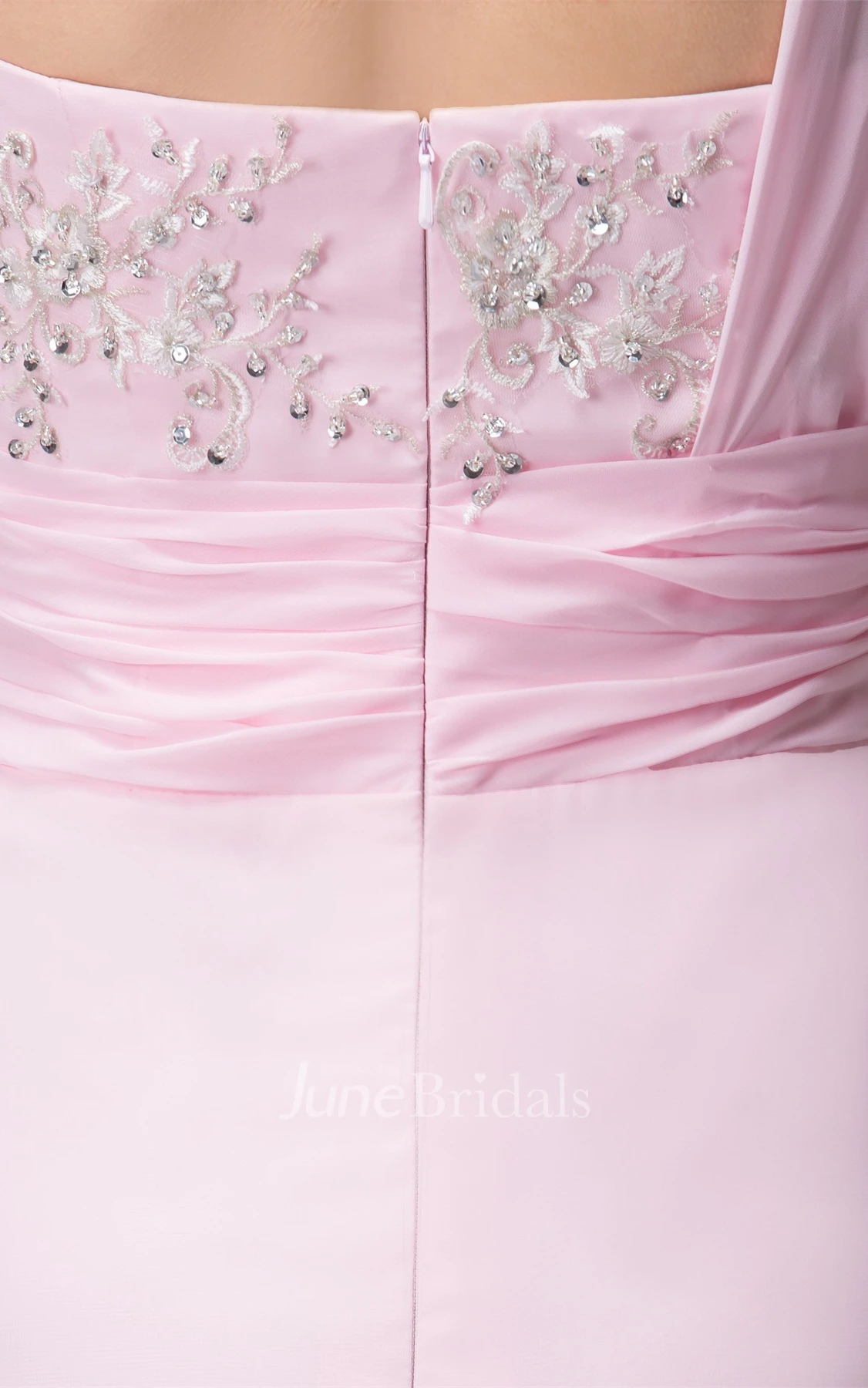 One-Shoulder Chiffon Draped Gown with Appliques and Beading