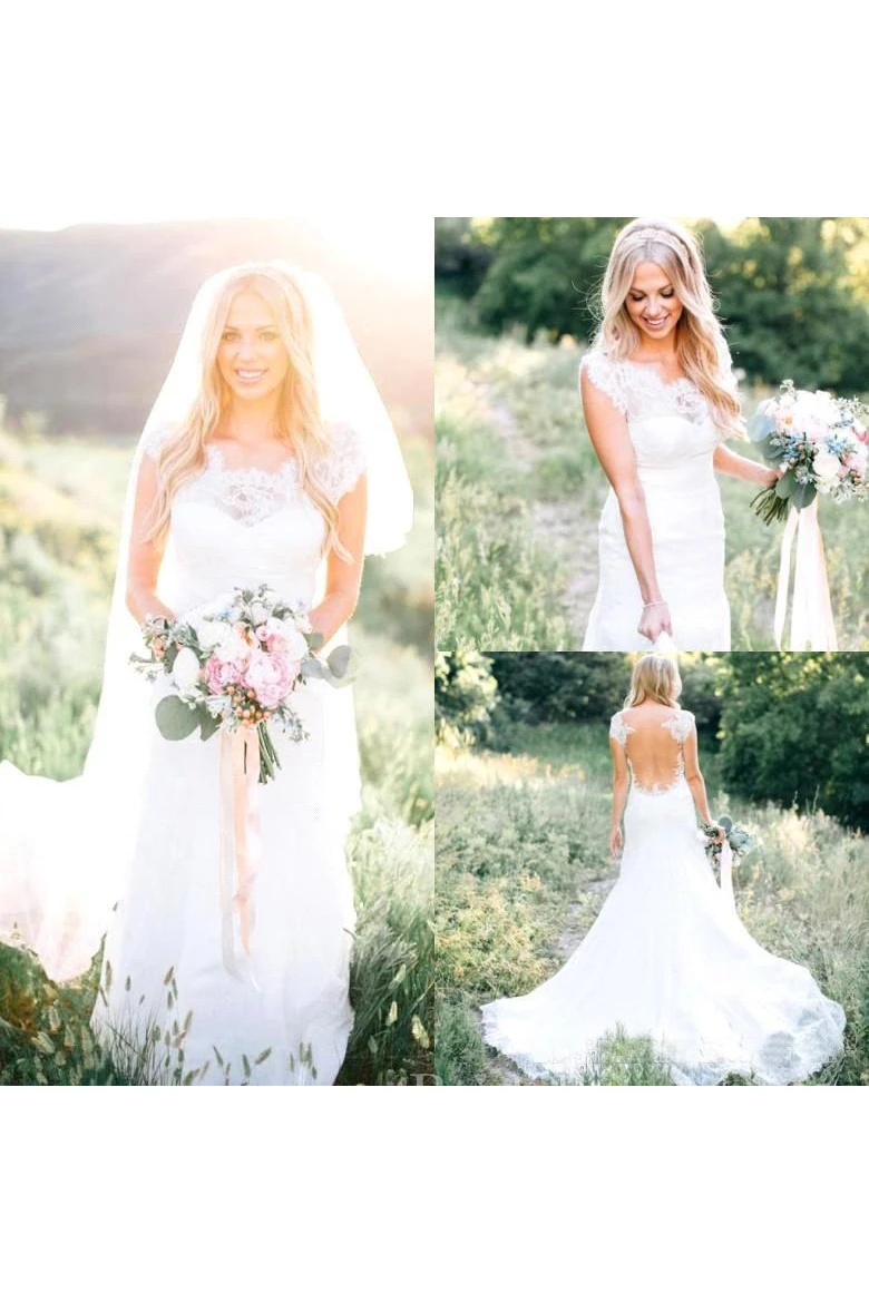 Sheer Crew Neck Garden Mermaid Boho Lace Bodice Appliques Backless Elegant Bridal Gown