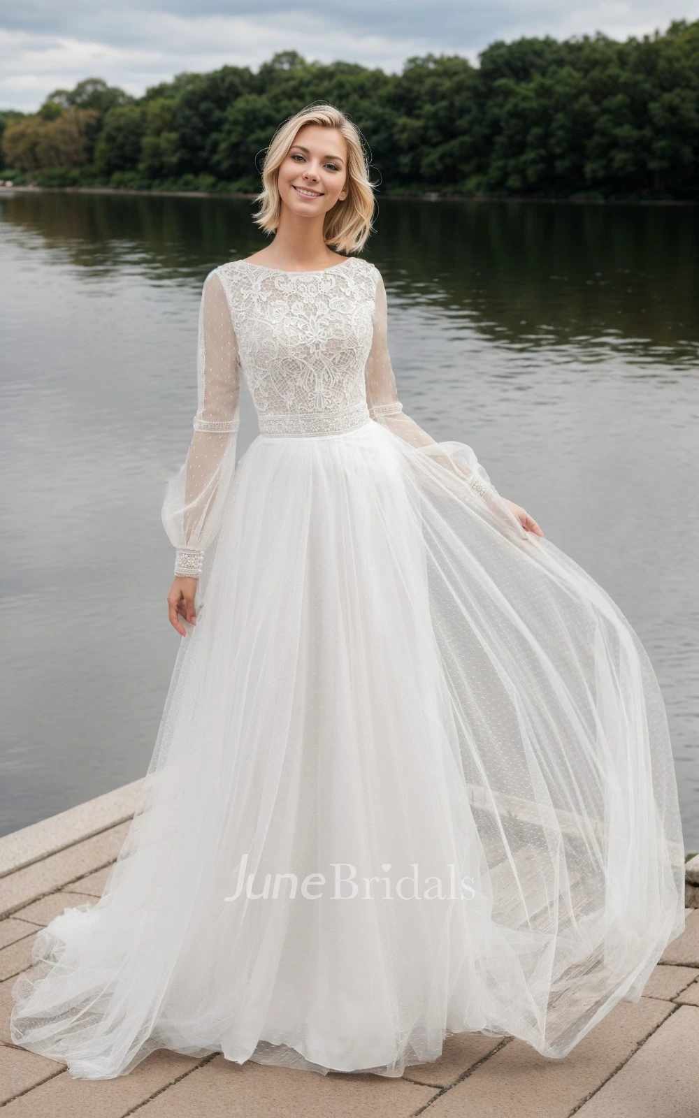 Boho Ethereal Lace Warm Wedding Dress with Long Sleeves A-line Bateau Square Bridal Gown
