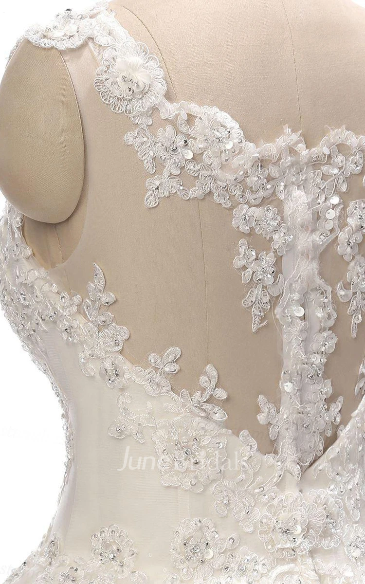 V-Neck Tulle Lace Weddig Dress With Beading Illusion