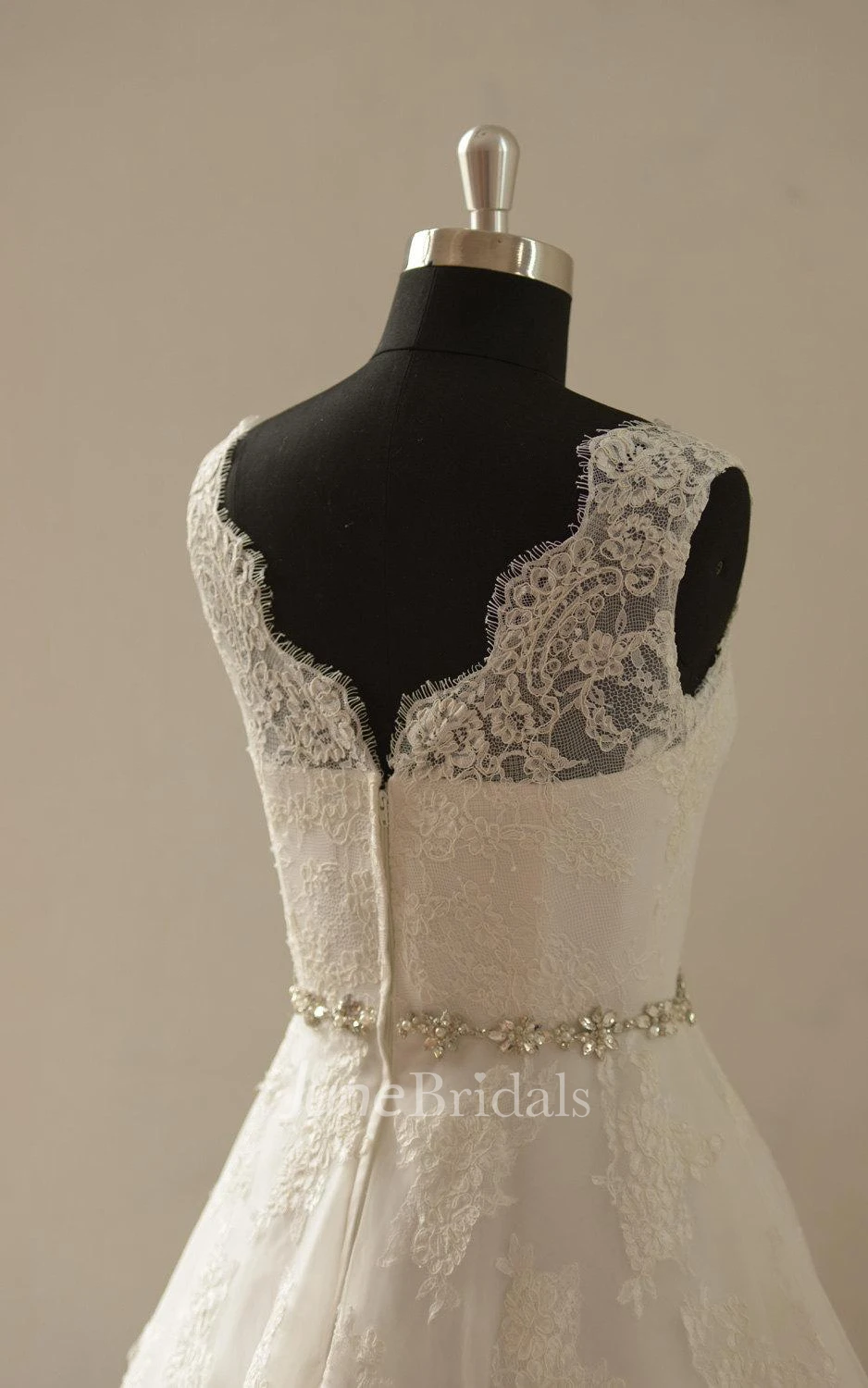 Long A-Line Sleeveless Lace Wedding Dress With Beads Sash and Train