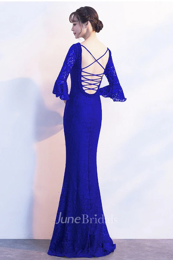 3/4 Poet Sleeve Sexy Mermaid Gown With Deep V-neck And Straps Back