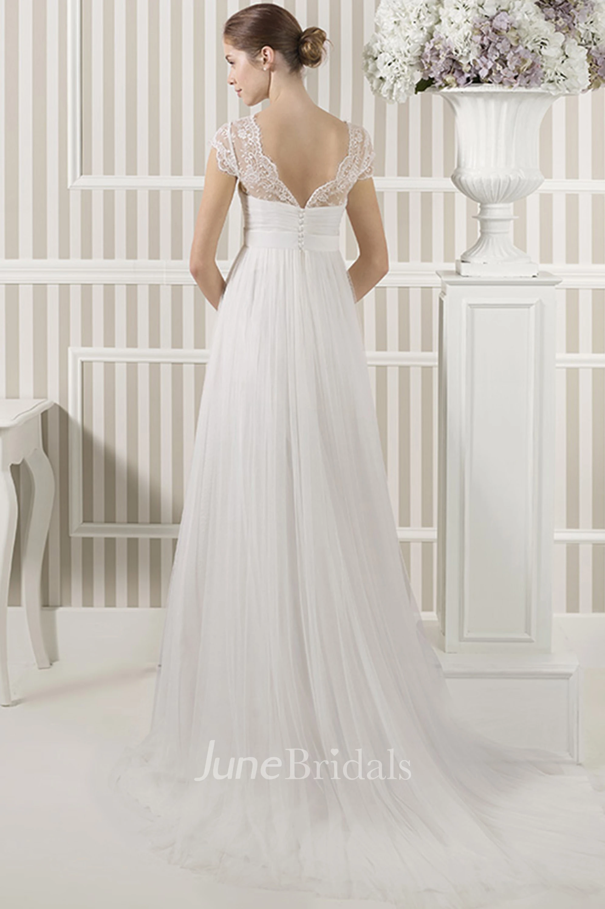 V-Neck Cap Sleeve Appliqued Empire Tulle Wedding Dress