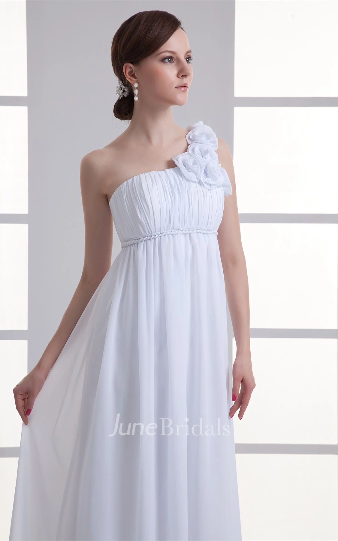 One-Shoulder Empire Chiffon Long Maternity Wedding Dress with Flower