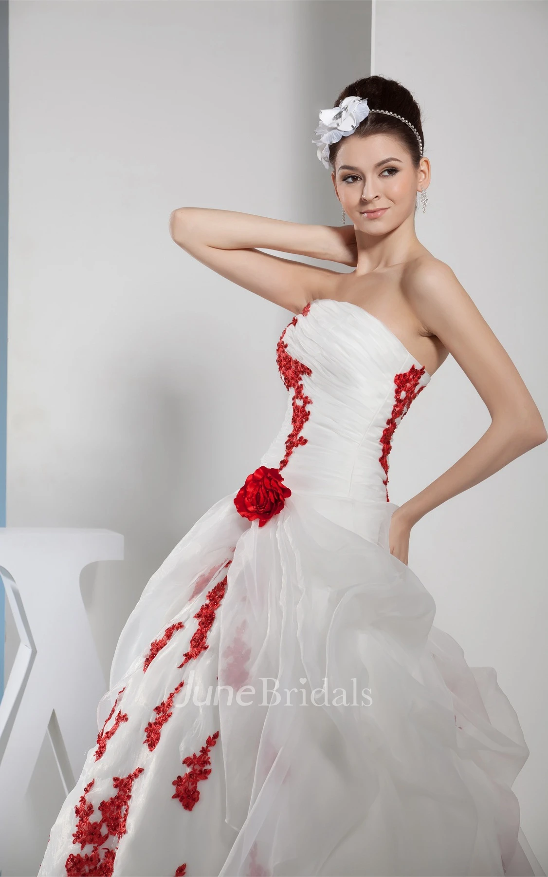 Two-Tone Strapless Ruched Tulle Ball Gown with Flower and Appliques
