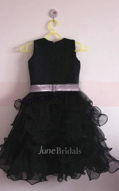 Satin Bodice Ruffled Organza Dress With Bow and Flower