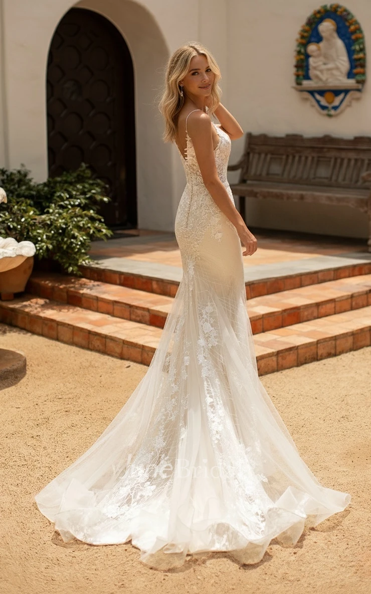Boho Lace Mermaid Wedding Dress with Spaghetti Straps for Beach & Destination Weddings