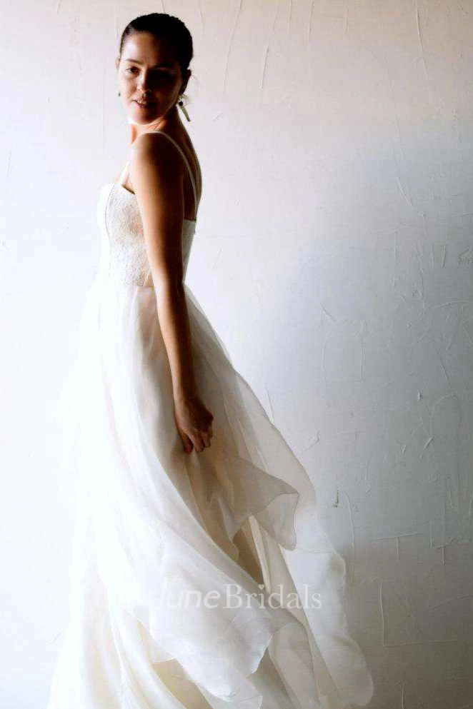 Spaghetti Sleeveless A-Line Chiffon Wedding Dress With Lace Top