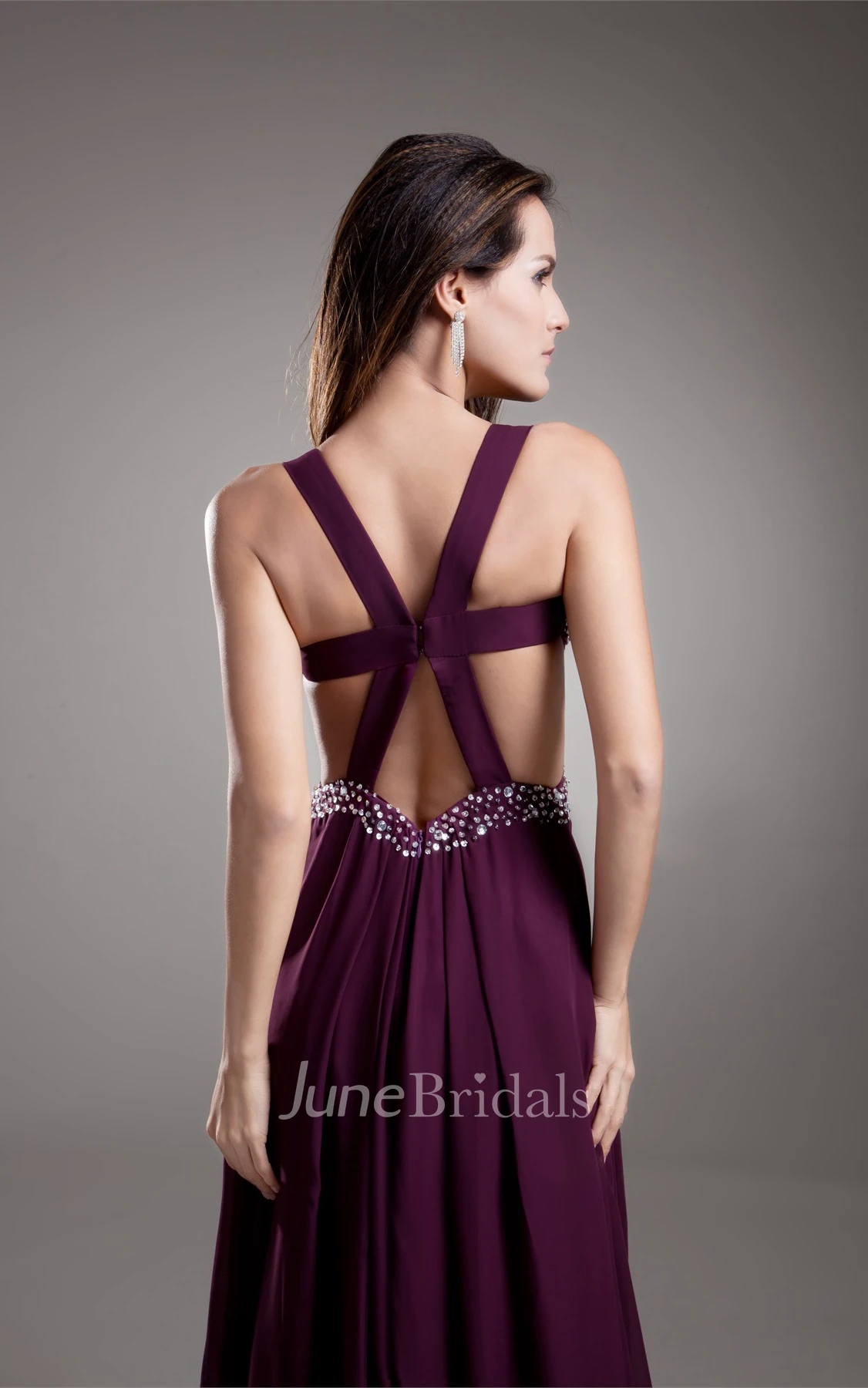 chiffon front-split strapped dress with beading and keyhole