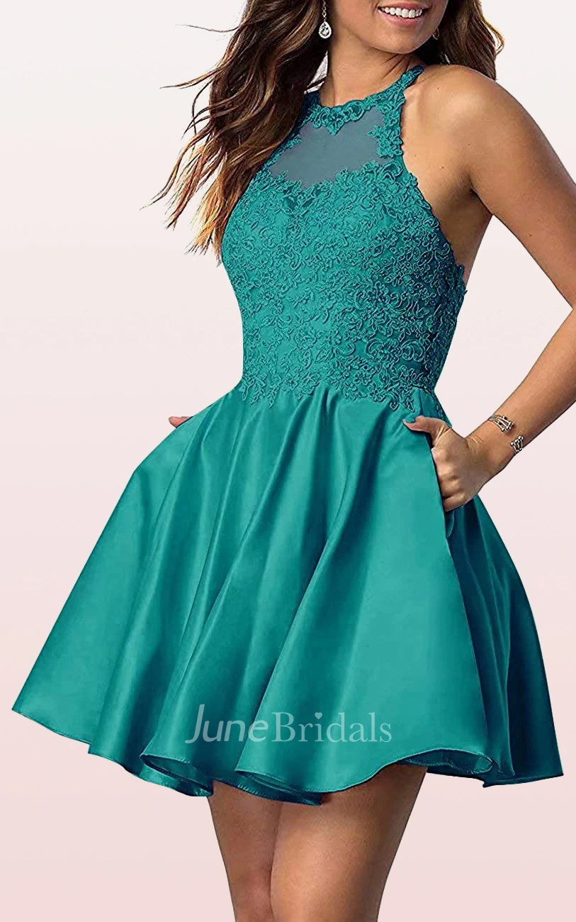 Sexy A Line Satin Lace Jewel Sleeveless Homecoming Dress with Appliques