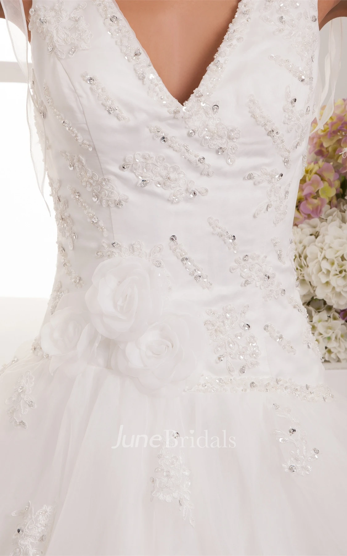 Plunged Tulle A-Line Gown with Pleats and Crystal Detailing