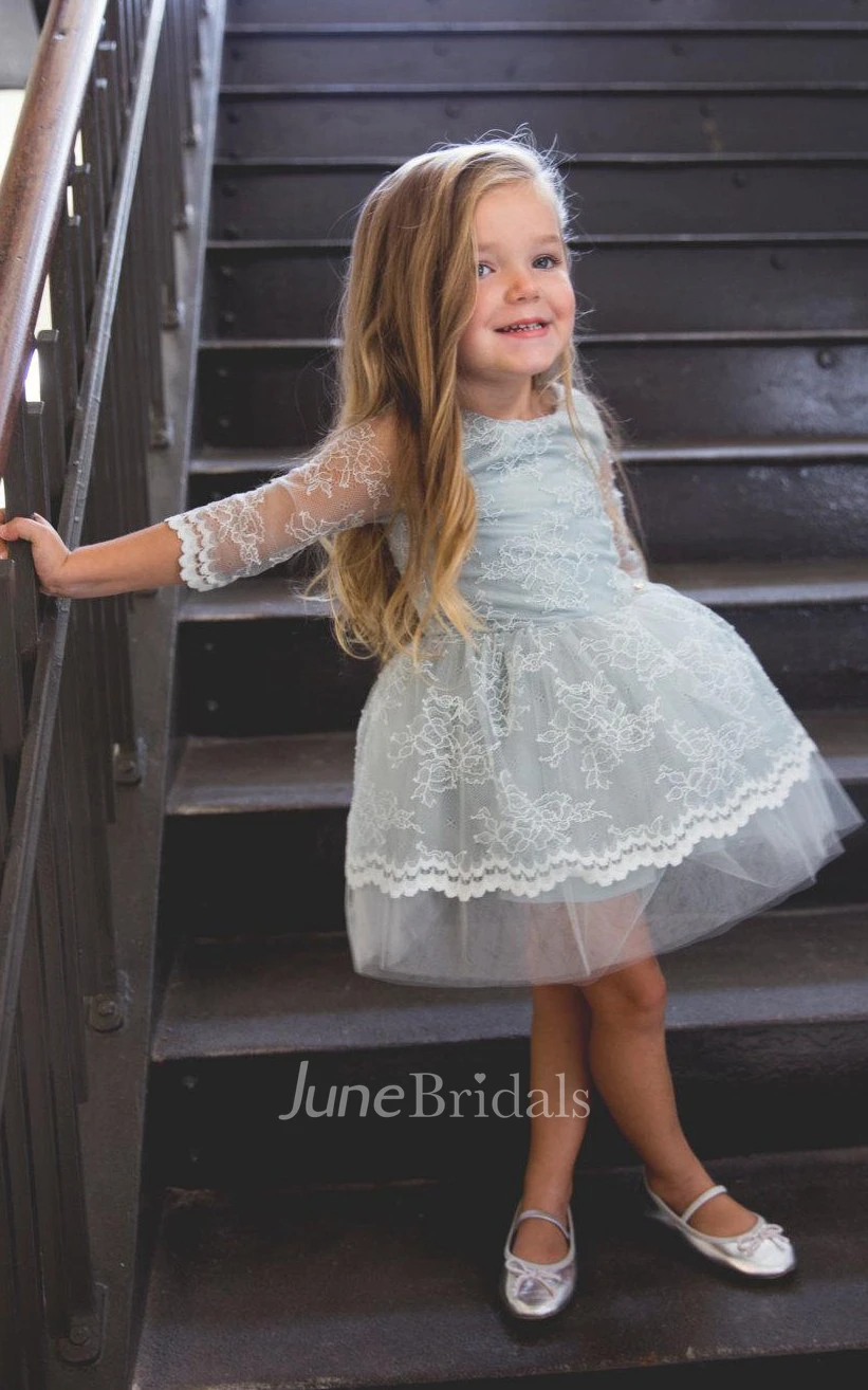 3 4 Lace Sleeve High Neck Tulle&Lace Dress With Flower