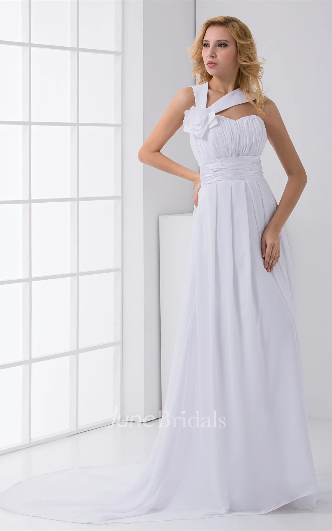 Chiffon Ruched A-Line Dress with Flower and Pleats