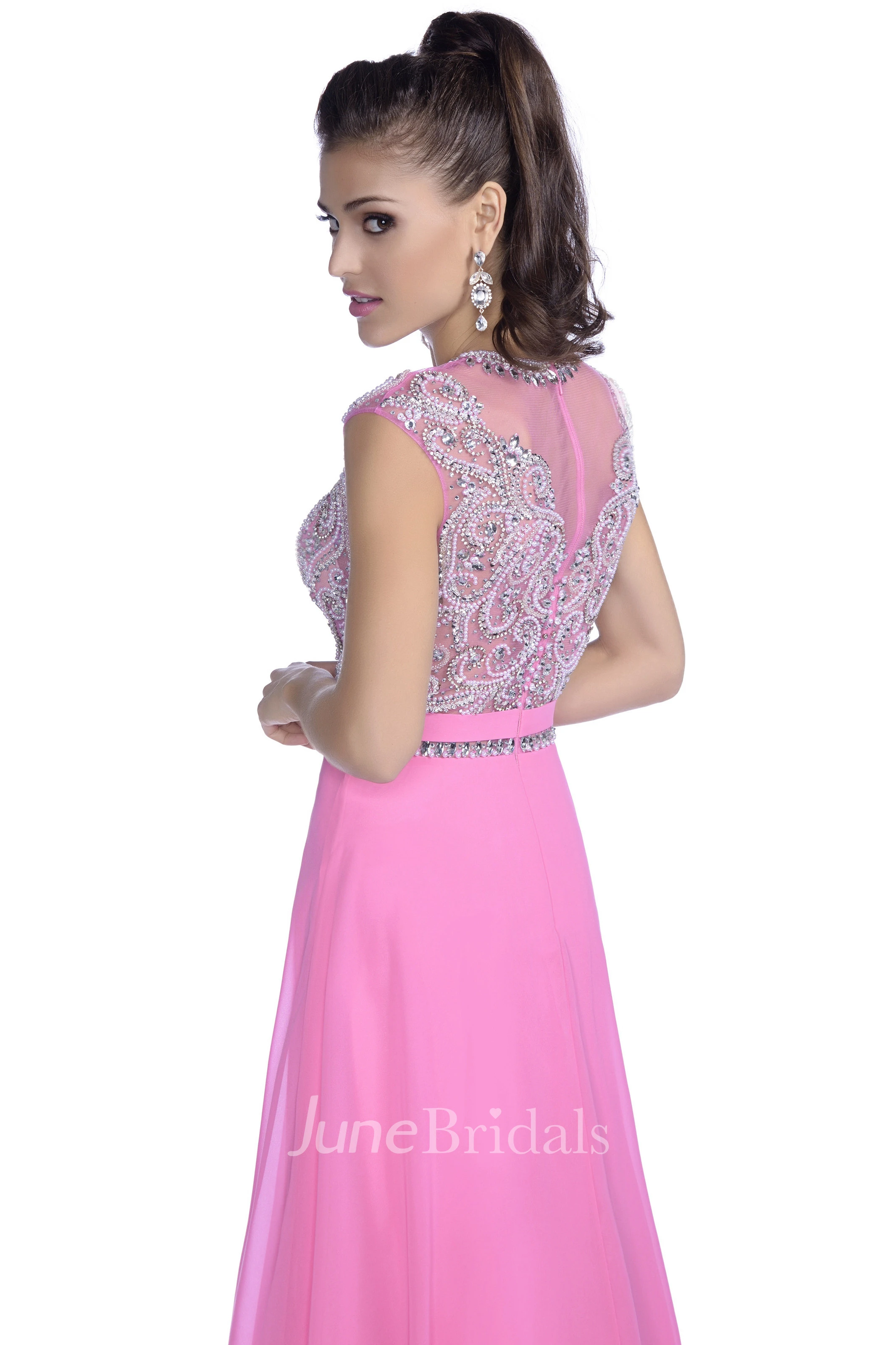 A-Line Sleeveless Chiffon Prom Dress Featuring Jeweled Waistline And Appliques