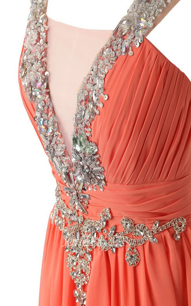 V-neck Sweep Train Chiffon Dress With Beaidngs