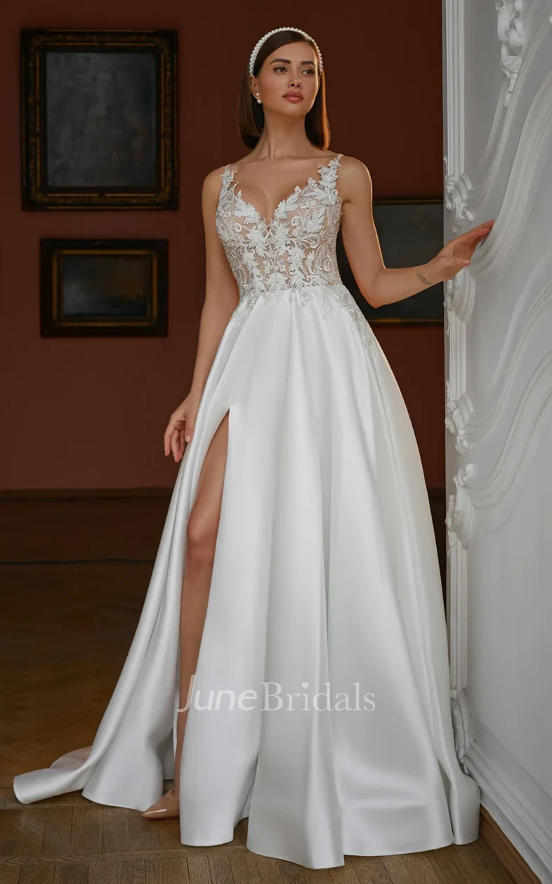 Elegant A-Line Halter Satin Sweep Train Spring Wedding Dress with Sleeveless Split Front