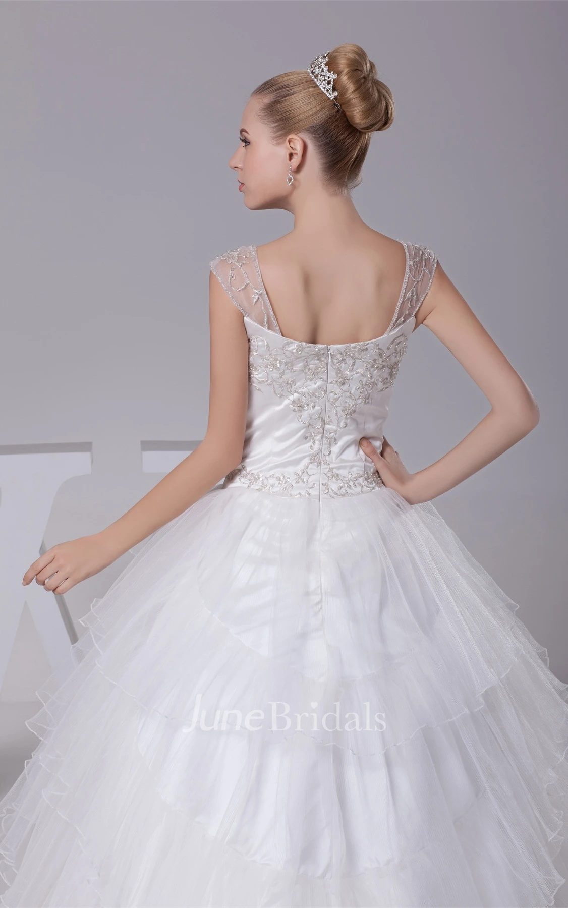 Strapped Tulle Ball Gown with Embroideries and Illusion
