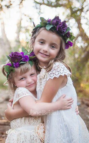 Lace Cap Sleeve Lace&Satin Dress With Flower