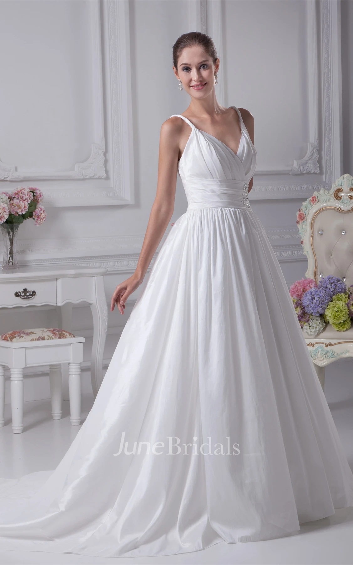 Spaghetti-Strap Plunged A-Line Gown with Broach and Pleats