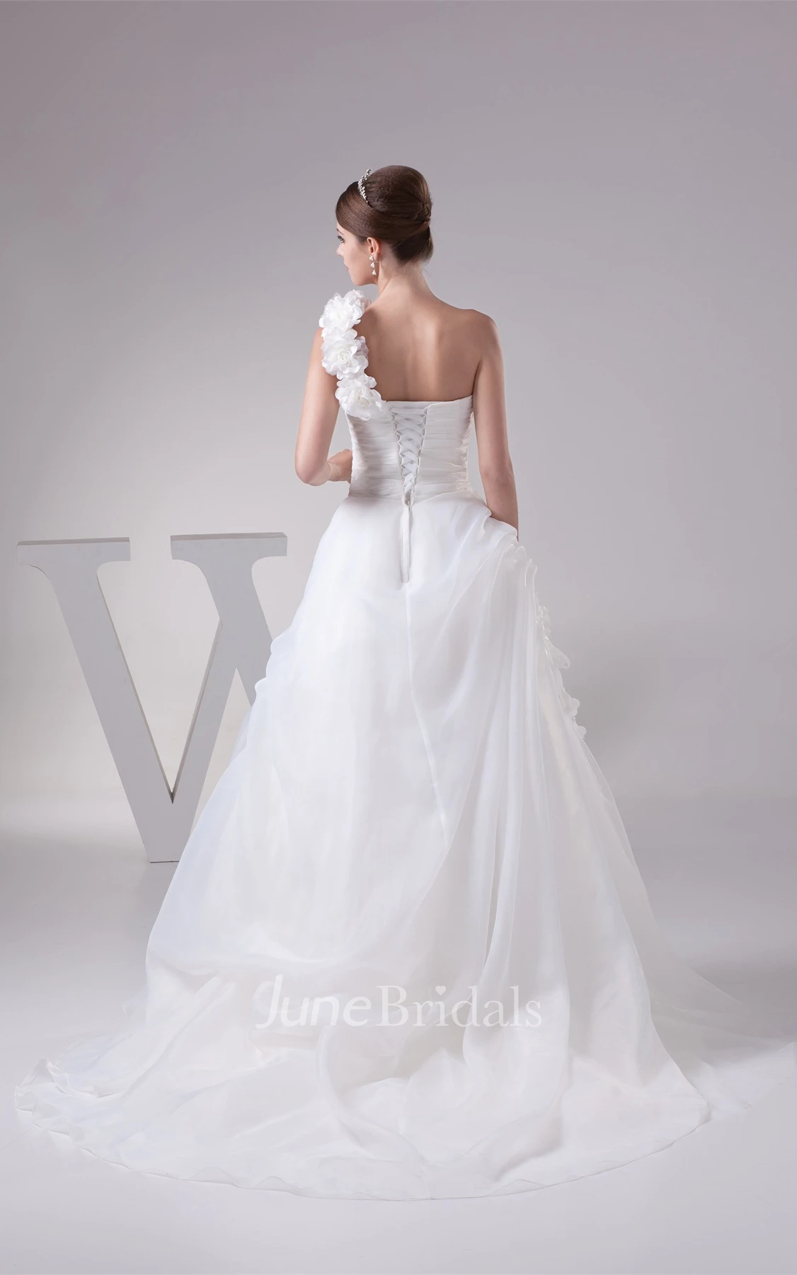 One-Shoulder Pick-Up A-Line Gown with Flower and Ruching