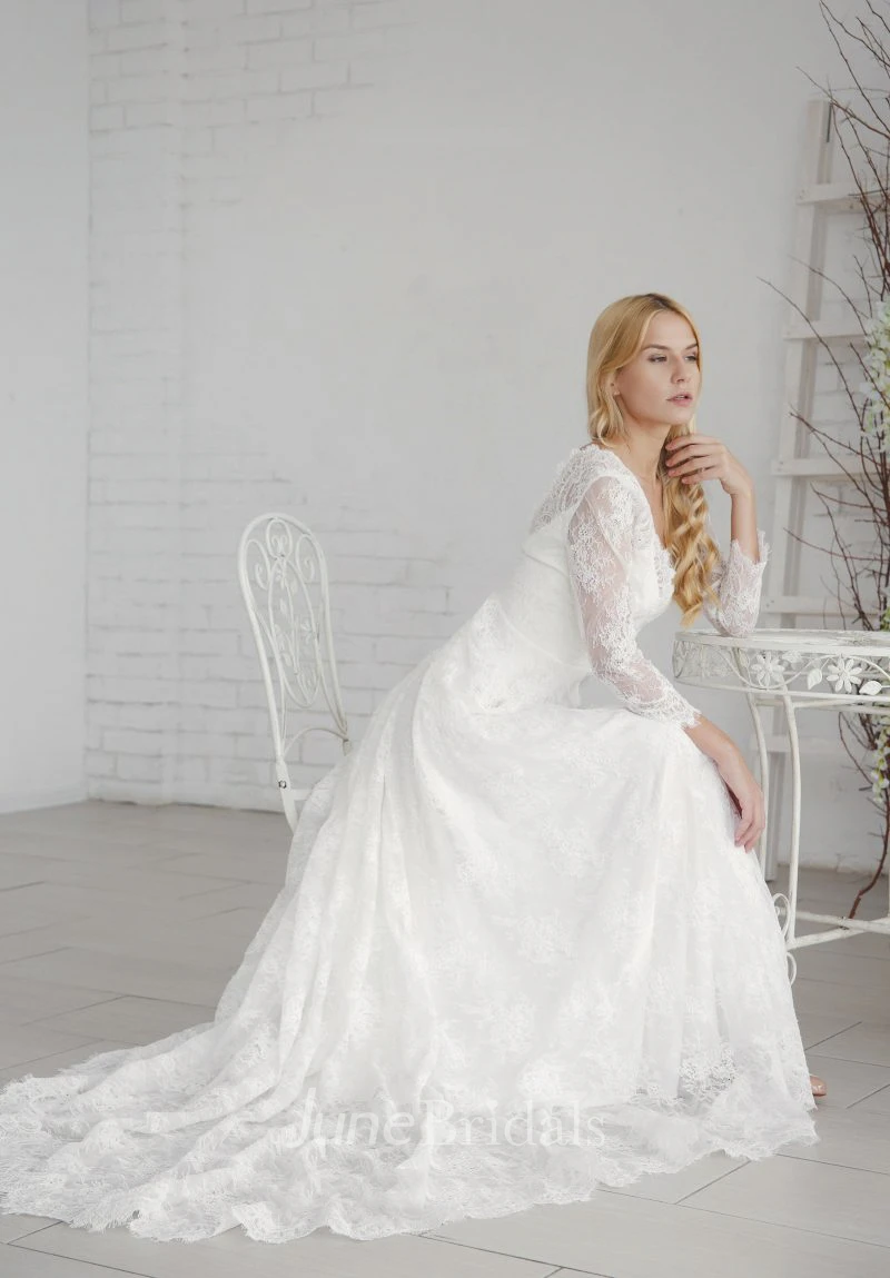 Lace A-line Elegant Long Sleeve Wedding Dress With V-neck And Deep V-back
