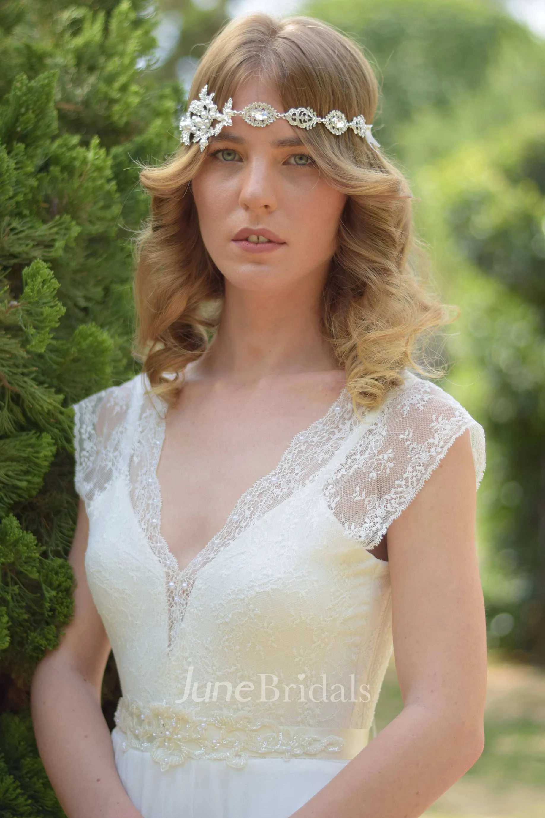 Deep-V-Neck Cap-Sleeve Chiffon Pleated Wedding Dress With Beaded Waist