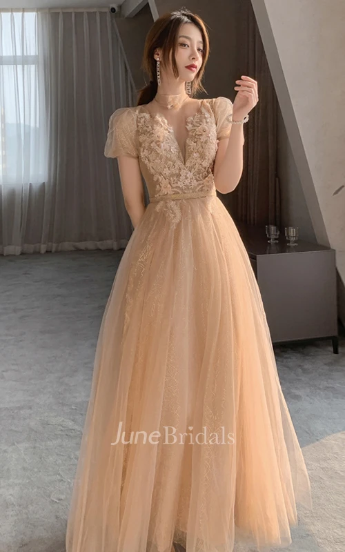 Vintage Tulle High Neck Off-the-shoulder A Line Prom Dress With Appliques and Beading