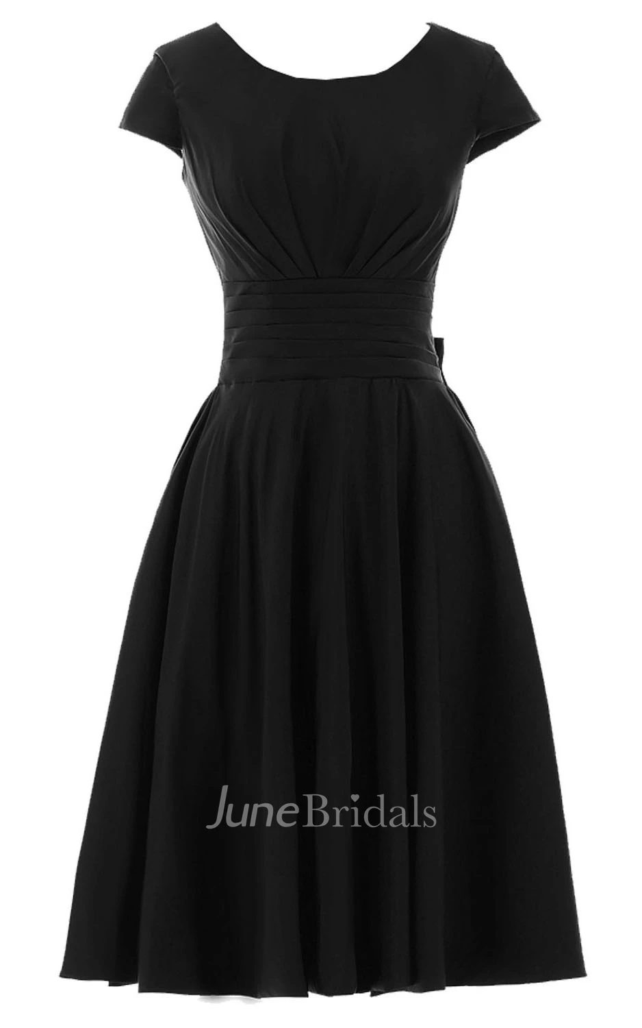 Short Sleeve Knee-length Pleated Chiffon Dress With Bowknot